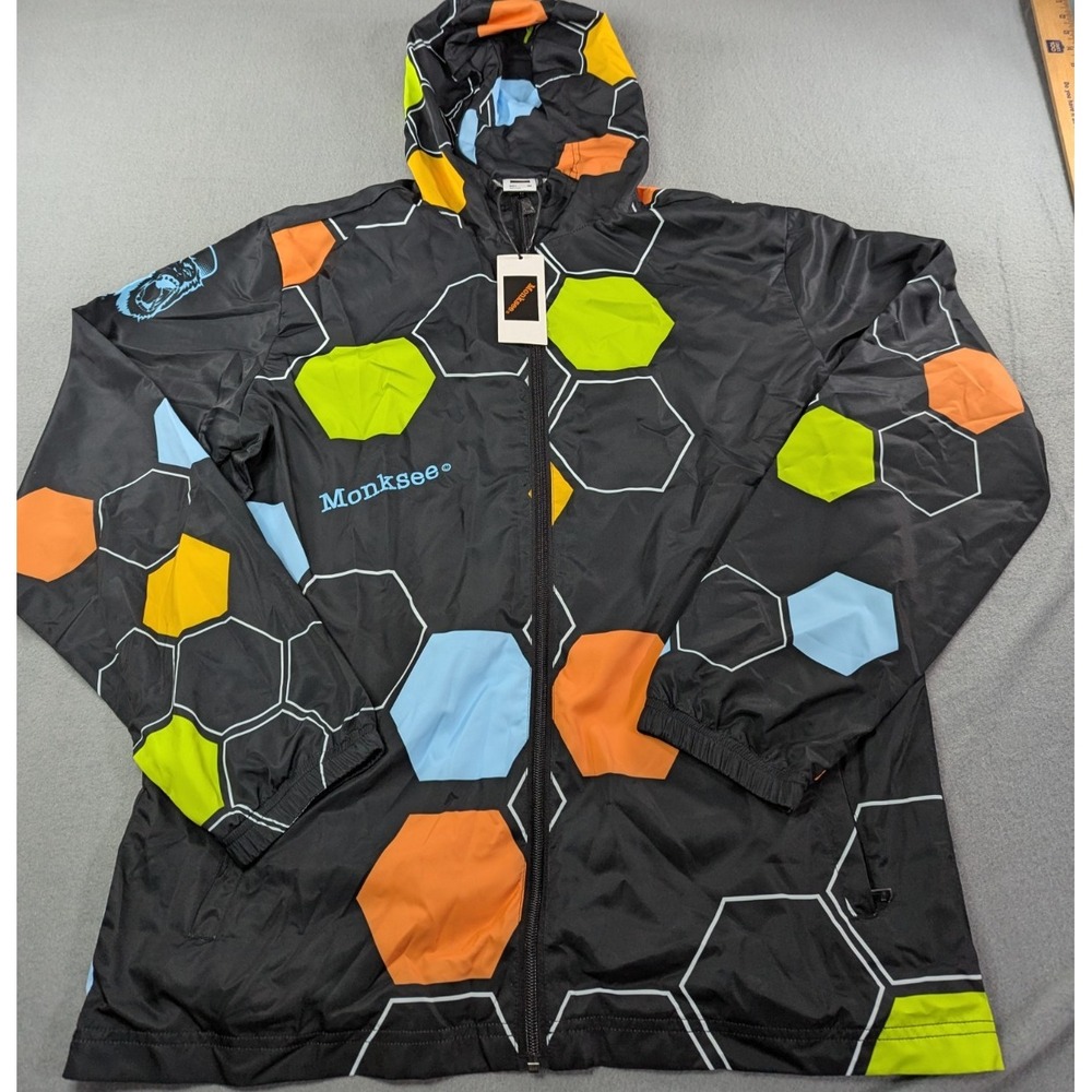 Monksee Mens Hexagon Print Hooded Windbreaker Jacket Size M Black Multi-Color